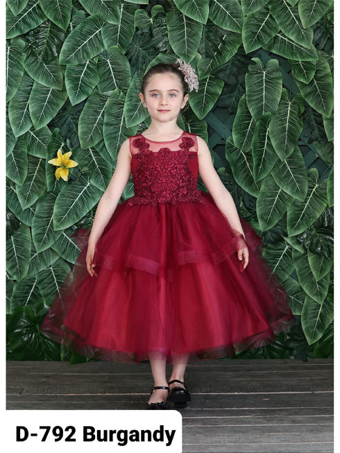 Little Girls Burgundy Illusion Neckline Lace Organza Flower Girl Dress 2-6 - SophiasStyle.com
